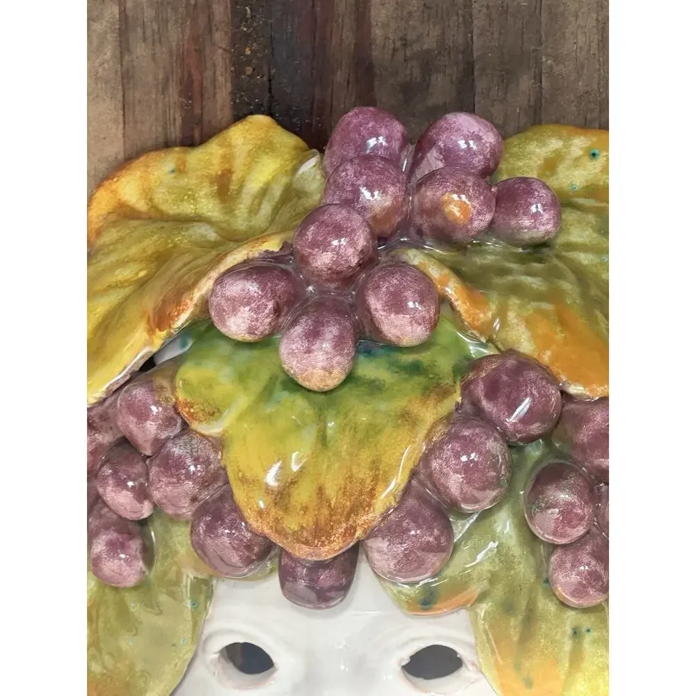 VTG Ceramiche Villani Firenze Italy Wall Mask Grape Leaf Ceramic Face Art Signed